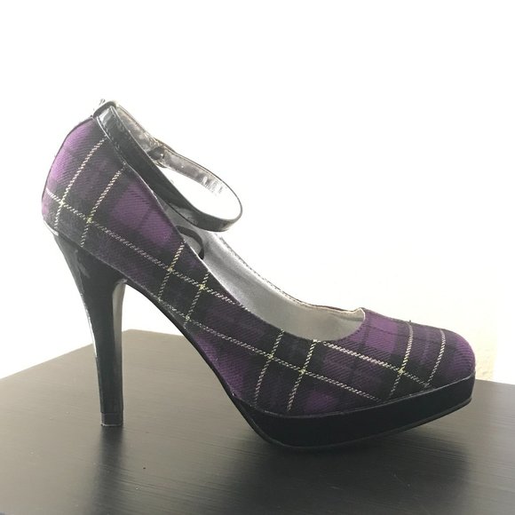 Wet Seal Purple/Gold Plaid Platform Heels with Ankle Strap - Picture 4 of 6